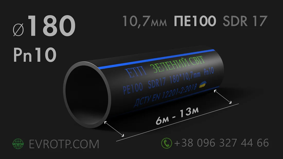 Поліетиленова труба водопровідна діаметром 180мм стінка 10,7мм 10 атмосфер ПЕ100 SDR17 Pn10. Завод: ЕТП Зелений світ. Євро Труб Полімер. ДСТУ EN 12201-2:2018.Характеристики. 